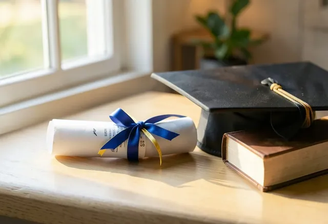Un diploma enrollado con cinta azul junto a un birrete y un libro, sobre un escritorio