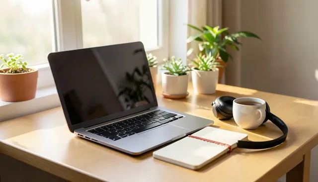 Un escritorio con una notebook, un cuaderno y una taza junto a una ventana